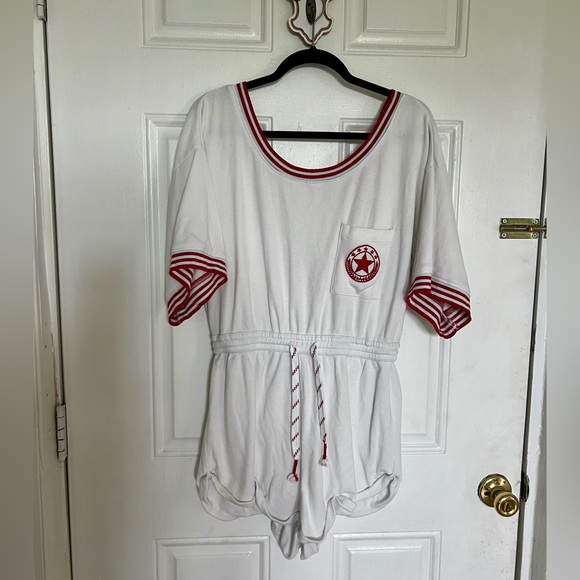 Anthropologie | White and Red Romper with Striped Trim - Picture 1 of 5